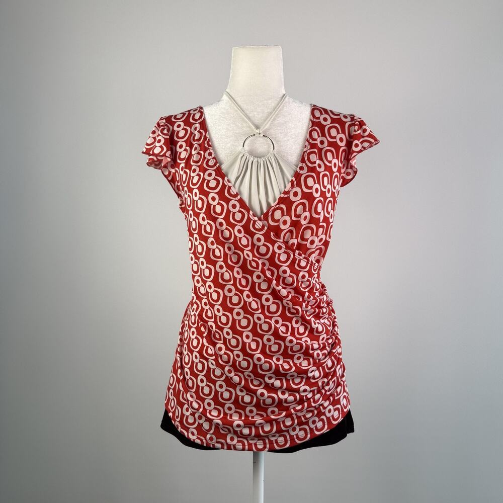 Tunic Blouse Womens M Red Geometric Ring Halter Ruched Flutter Sleeve Top